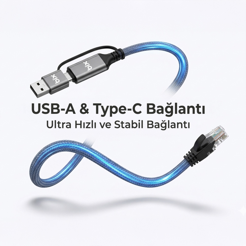 Bix C6AC15 2in1 USB-A & Type-C to RJ45 1000Mbps Gigabit Ethernet Dönüştürücü CAT6 Kablo 1.5 Metre - 3