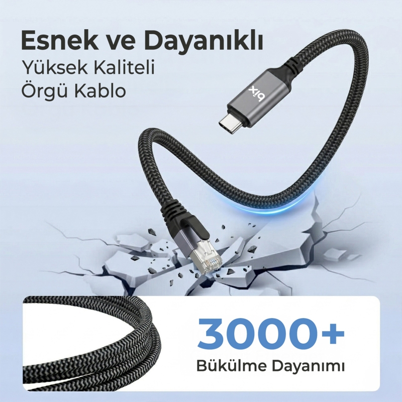 Bix C6C01 USB-C to RJ45 1000Mbps Gigabit Ethernet Dönüştürücü CAT6 Kablo 1 Metre - 3