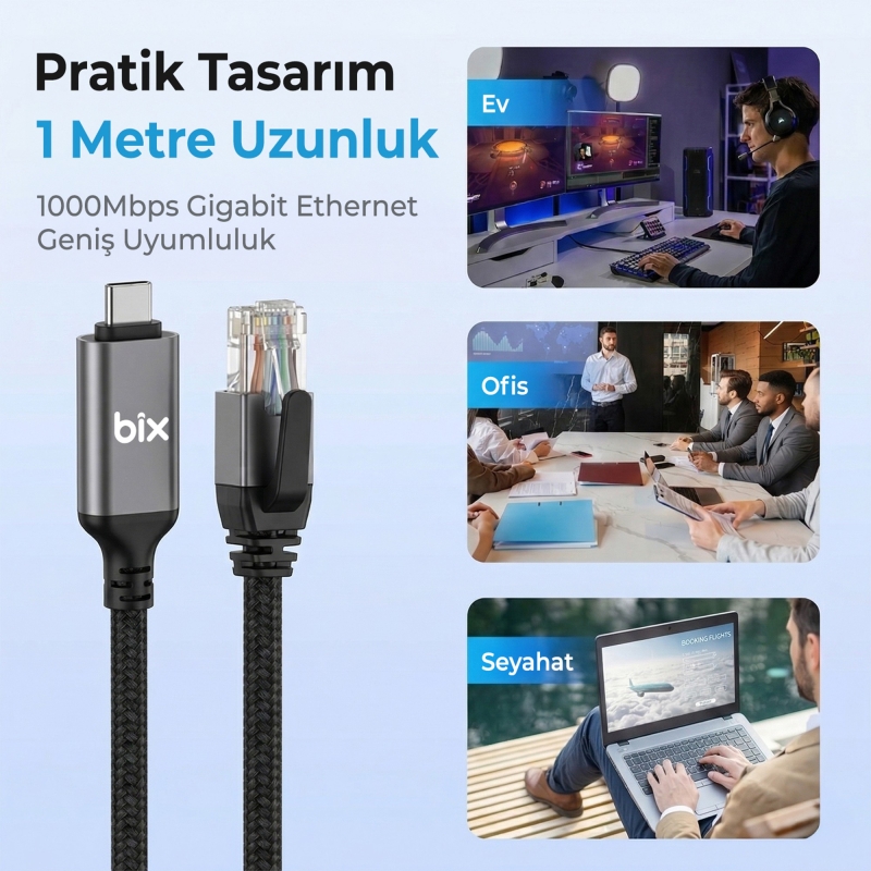 Bix C6C01 USB-C to RJ45 1000Mbps Gigabit Ethernet Dönüştürücü CAT6 Kablo 1 Metre - 4