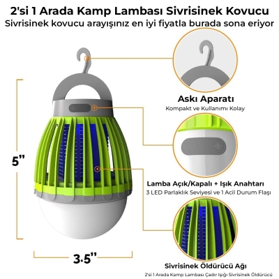 Bix KL01 Şarj Edilebilir Sivrisinek Kovucu Kamp Lambası Ultraviyole LED Elektronik Zapper Taşınabilir Fenerli IPX6 Su Geçirmez Böcek Kovucu Yeşil - 2