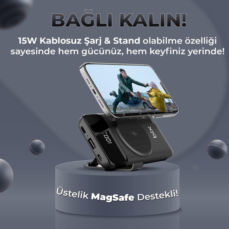 Bix PB102 10000 mAh USB PD QC 4.0 Kablosuz Şarj ve Standlı Powerbank Beyaz - 6