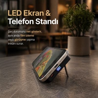 Bix PB117 10000mAh PD20W Hızlı Şarj USB-C Çıkışlı Kablosuz MagSafe Telefon Stant Özellikli Mini Powerbank Siyah - 3
