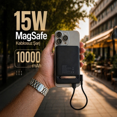 Bix PB117 10000mAh PD20W Hızlı Şarj USB-C Çıkışlı Kablosuz MagSafe Telefon Stant Özellikli Mini Powerbank Siyah - 4