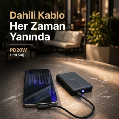 Bix PB117 10000mAh PD20W Hızlı Şarj USB-C Çıkışlı Kablosuz MagSafe Telefon Stant Özellikli Mini Powerbank Siyah - 5