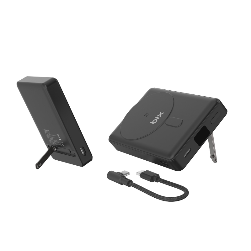 Bix PB117 10000mAh PD20W Hızlı Şarj USB-C Çıkışlı Kablosuz MagSafe Telefon Stant Özellikli Mini Powerbank Siyah - 6
