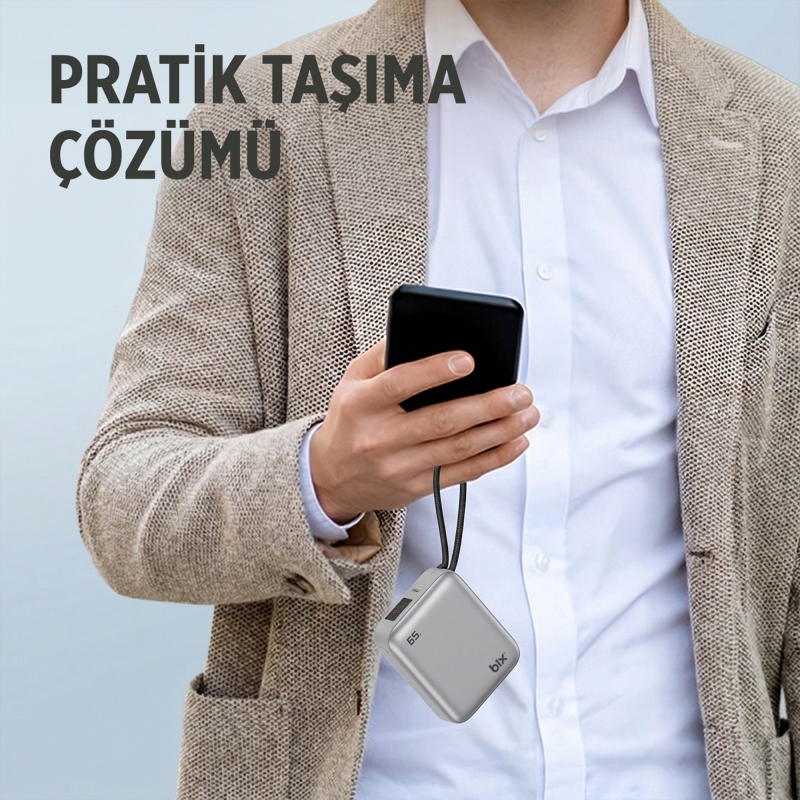 Bix PB120 20000mAh 65W Type-C PD Kompakt Tasarımlı Dijital Göstergeli Powerbank Taşınabilir Hızlı Şarj Cihazı Gümüş - 6