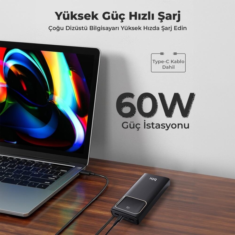 Bix PB303 30000mAh 60W 2*USB-A ve Type-C PD Çıkışlı Hızlı Şarj Cihazı LED Göstergeli Powerbank - 2