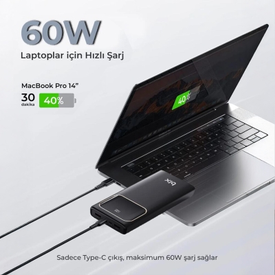Bix PB303 30000mAh 60W 2*USB-A ve Type-C PD Çıkışlı Hızlı Şarj Cihazı LED Göstergeli Powerbank - 3