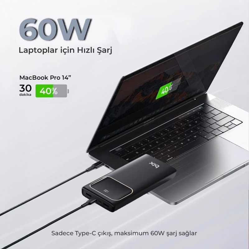 Bix PB303 30000mAh 60W 2*USB-A ve Type-C PD Çıkışlı Hızlı Şarj Cihazı LED Göstergeli Powerbank - 3