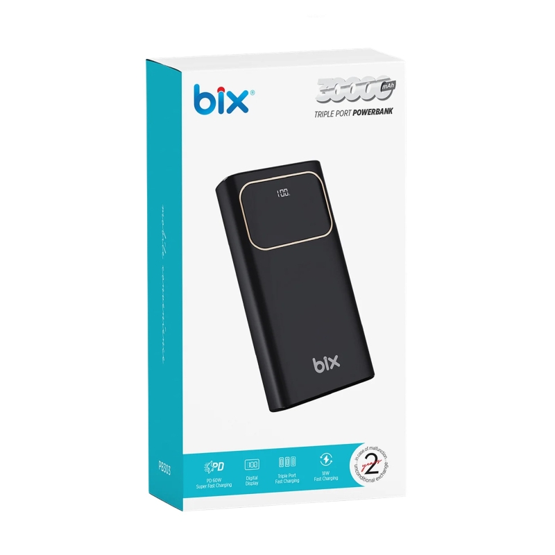 Bix PB303 30000mAh 60W 2*USB-A ve Type-C PD Çıkışlı Hızlı Şarj Cihazı LED Göstergeli Powerbank - 7