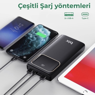 Bix PB303 30000mAh 60W 2*USB-A ve Type-C PD Çıkışlı Hızlı Şarj Cihazı LED Göstergeli Powerbank - 4