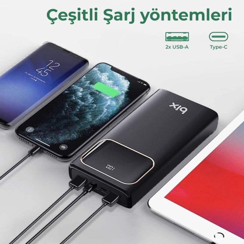 Bix PB303 30000mAh 60W 2*USB-A ve Type-C PD Çıkışlı Hızlı Şarj Cihazı LED Göstergeli Powerbank - 4