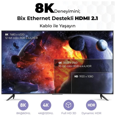Bix Premium 8K@60Hz 4K@120Hz eARC Yüksek Hızlı HDMI 2.1 ve Ethernet Kablosu 2 Metre - 3