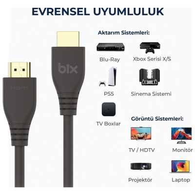 Bix Premium 8K@60Hz 4K@120Hz eARC Yüksek Hızlı HDMI 2.1 ve Ethernet Kablosu 3 Metre - 6