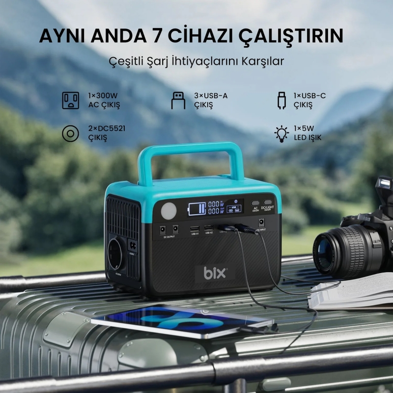 Bix PS60K 300W Taşınabilir Güç İstasyonu 192Wh LiFePO4 Batarya AC/DC/USB Güneş Paneli Uyumlu Power Station - 4