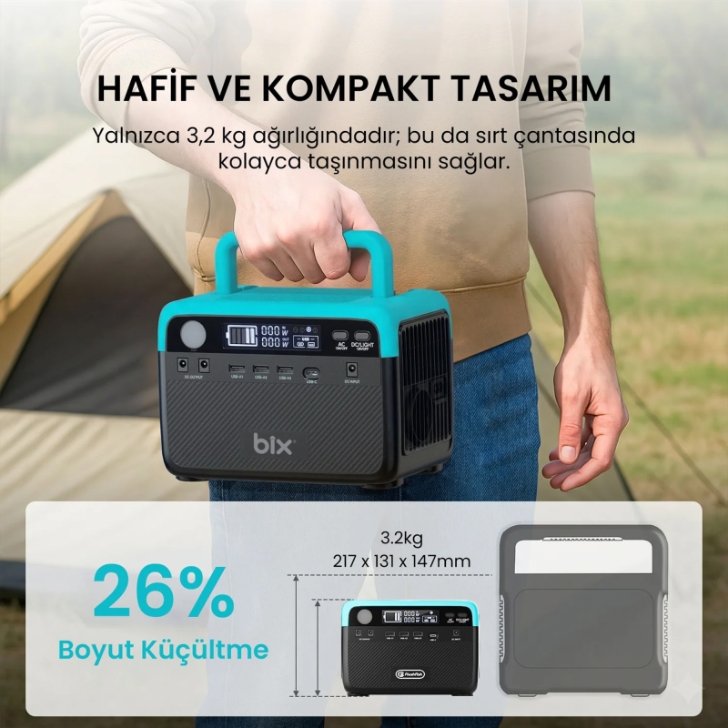 Bix PS60K 300W Taşınabilir Güç İstasyonu 192Wh LiFePO4 Batarya AC/DC/USB Güneş Paneli Uyumlu Power Station - 5