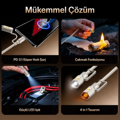 Bix T2IN1C 240W LED Fener ve Alevsiz Çakmak Fonksiyonlu Type-C to Type-C Şarj ve Data Kablosu 1.2 Metre Gri - 6