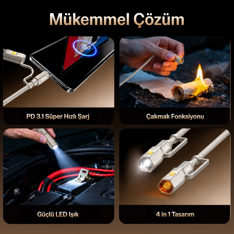 Bix T2IN1C 240W LED Fener ve Alevsiz Çakmak Fonksiyonlu Type-C to Type-C Şarj ve Data Kablosu 1.2 Metre Gri - 6