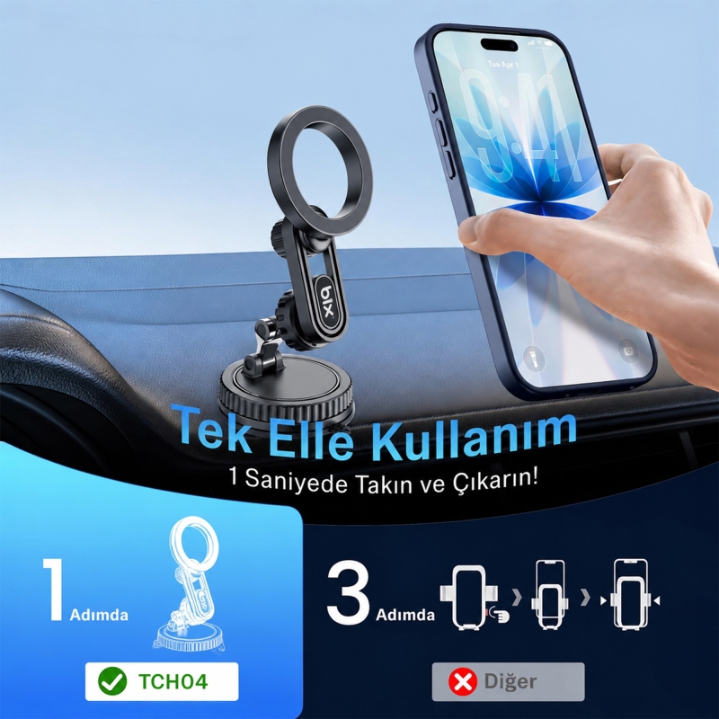 Bix TCH04 Güçlü Vakum Özellikli 360° Ayarlanabilir Cam, Torpido ve Ön Panel İçin Manyetik Araç Telefon Tutucu - 2