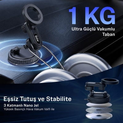 Bix TCH04 Güçlü Vakum Özellikli 360° Ayarlanabilir Cam, Torpido ve Ön Panel İçin Manyetik Araç Telefon Tutucu - 3