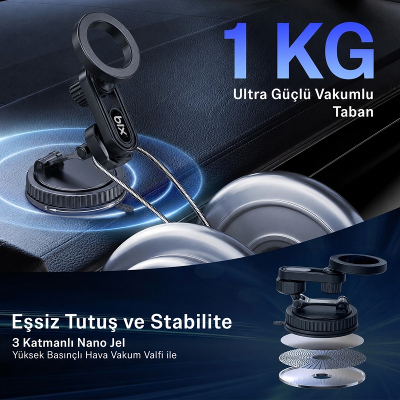Bix TCH04 Güçlü Vakum Özellikli 360° Ayarlanabilir Cam, Torpido ve Ön Panel İçin Manyetik Araç Telefon Tutucu - 3