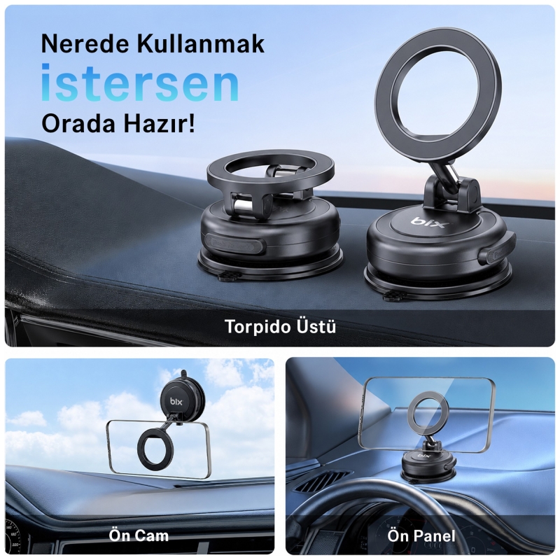 Bix TCH05 360° Derece Dönebilen Vakumlu Manyetik Mıknatıslı Araç içi Telefon Tutucu Siyah - 2
