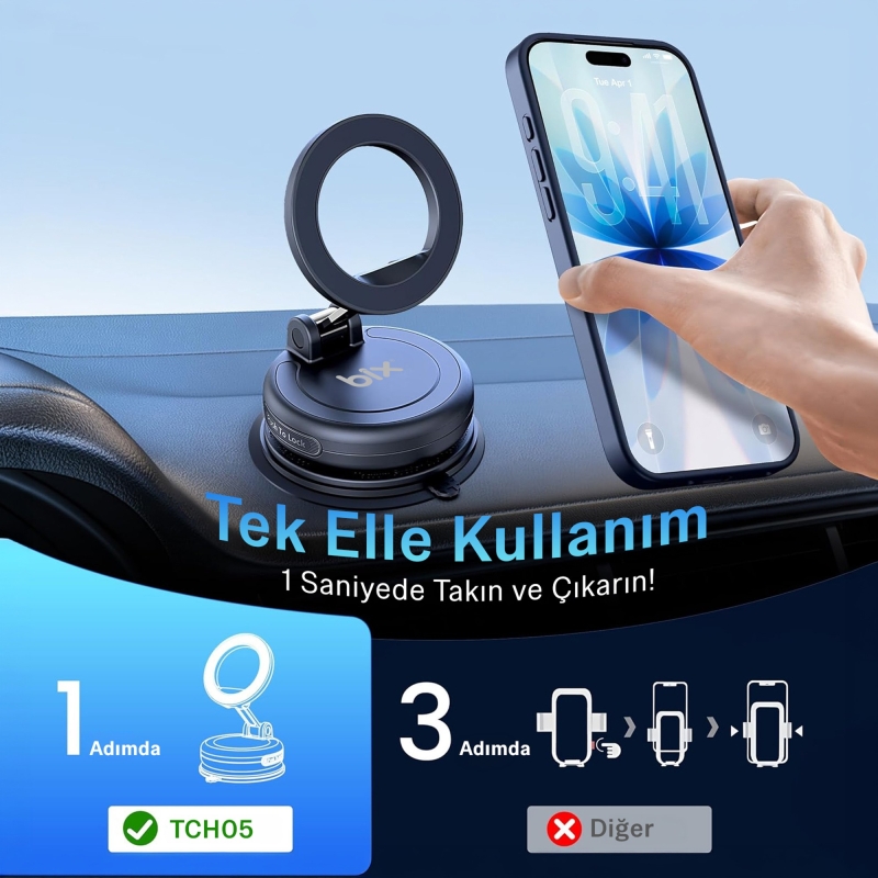 Bix TCH05 360° Derece Dönebilen Vakumlu Manyetik Mıknatıslı Araç içi Telefon Tutucu Siyah - 5