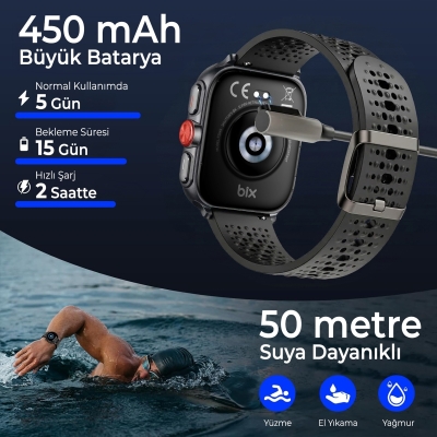Bix TSW5 53mm Super Retina 2.01” AMOLED GPS Akıllı Saat Siyah – AI Yapay Zeka Destekli, Bluetooth Aramalı, Nabız & SpO2 Ölçer ve iOS Android Uyumlu - 2