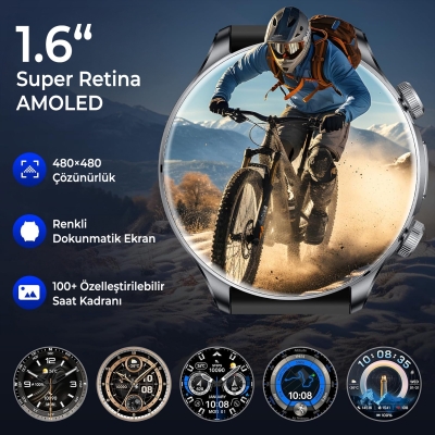 Bix TSW6 48mm Super Retina 1.6” AMOLED GPS Akıllı Saat Siyah – AI Yapay Zeka Destekli, Bluetooth Aramalı, Nabız & SpO2 Ölçer ve iOS Android Uyumlu - 6