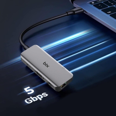 Bix BX11HB Type-C to 4K Hz HDMI VGA Ethernet 3.5mm Jack USB 3.0 PD Kart Okuyucu Dönüştürücü Adaptör - 4