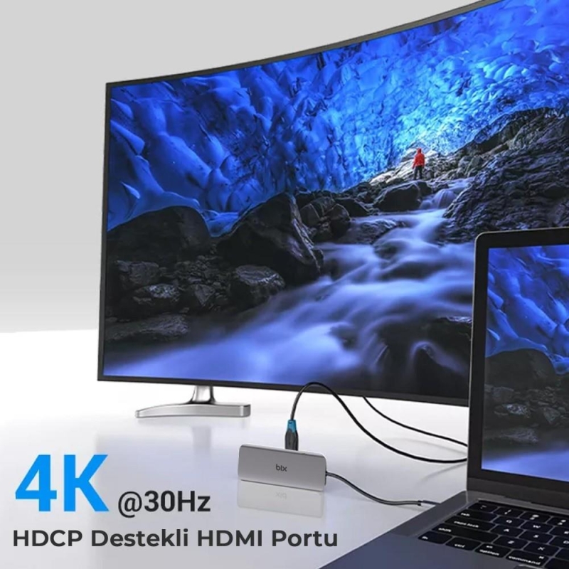 Bix BX11HB Type-C to 4K Hz HDMI VGA Ethernet 3.5mm Jack USB 3.0 PD Kart Okuyucu Dönüştürücü Adaptör - 6