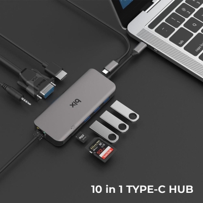 Bix BX11HB Type-C to 4K Hz HDMI VGA Ethernet 3.5mm Jack USB 3.0 PD Kart Okuyucu Dönüştürücü Adaptör - 3