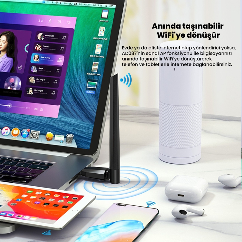 DM AD087 Bluetooth 5.0 Adaptör - 600Mbps Dual Band WiFi Alıcı Verici Access Point - 6