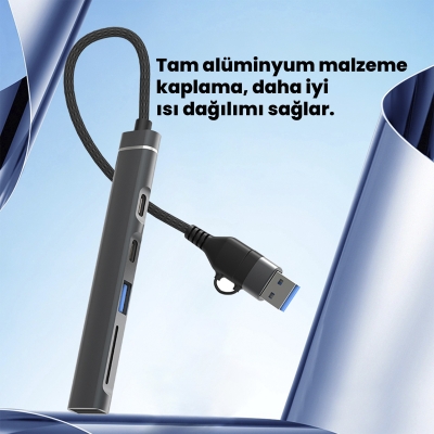 DM CHB025 USB-A ve Type-C Girişli 2*Type-C 1*USB-A SD Micro SD TF Kart Okuyucu Çoklayıcı Dönüştürücü - 7
