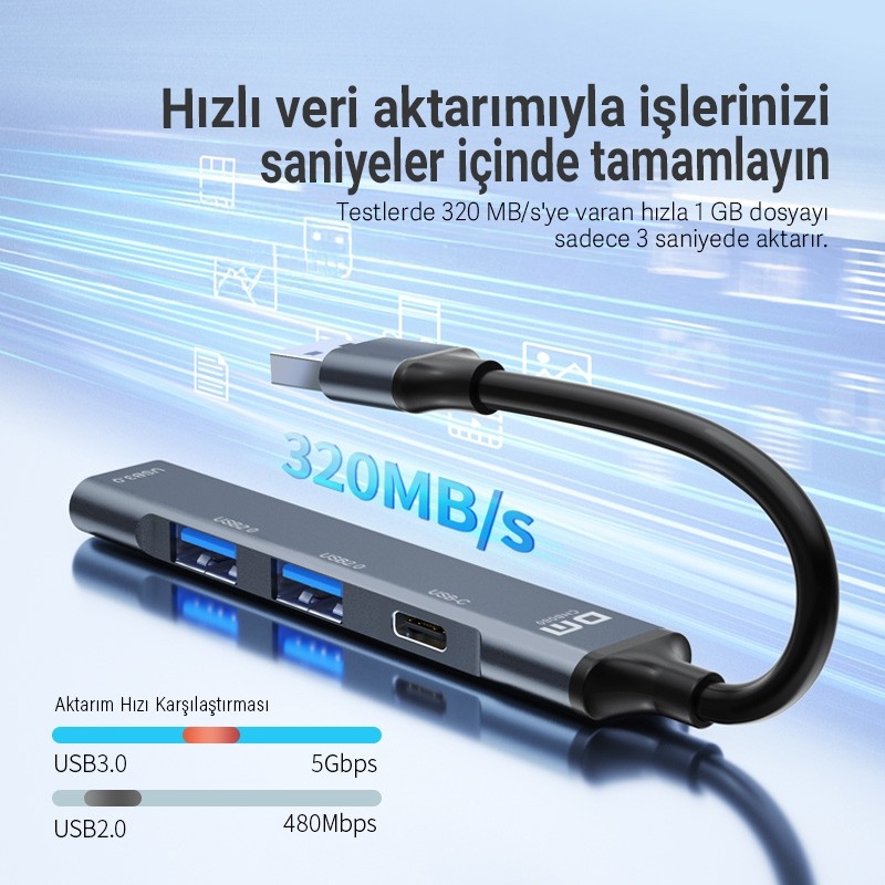DM CHB081 Type-C to 4 Portlu USB 3.0 / USB 2.0 Çoklayıcı Dönüştürücü Hub - 6