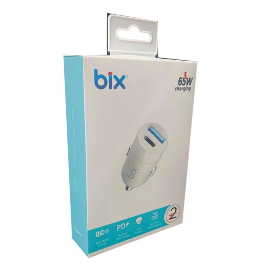 Bix 65W Type-C PD 3.0 ve USB-A Çift Portlu Araç içi Hızlı Şarj Cihazı Beyaz