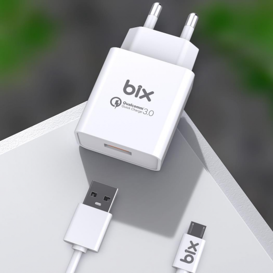 Bix BX-M18QTA 18W Qualcomm 3.0 Hızlı Şarj Adaptörü ve Micro USB Şarj Kablosu 1 Metre