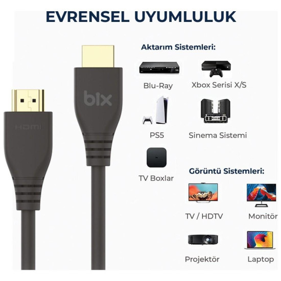 Bix Premium 8K@60Hz 4K@120Hz eARC Yüksek Hızlı HDMI 2.1 Kablo 3 Metre