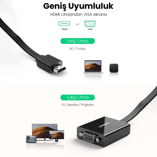 Ugreen Flat Kablolu HDMI to VGA AUX Dönüştürücü Siyah