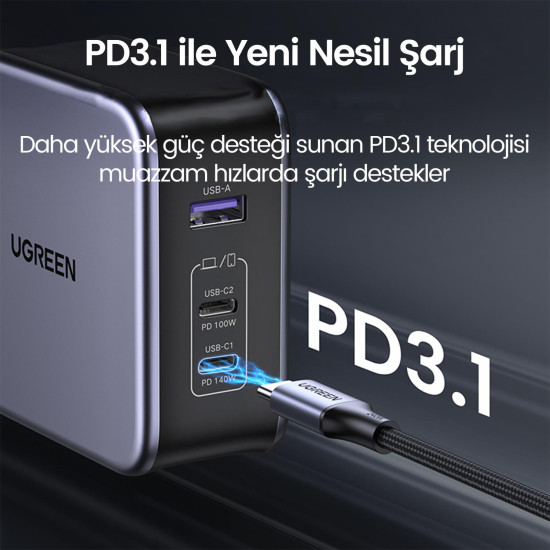 Ugreen Nexode 140W Gan Type-C PD3.1 USB Qc 4.0 3 Portlu Hızlı Şarj Cihazı ve 240W Type-C Kablo