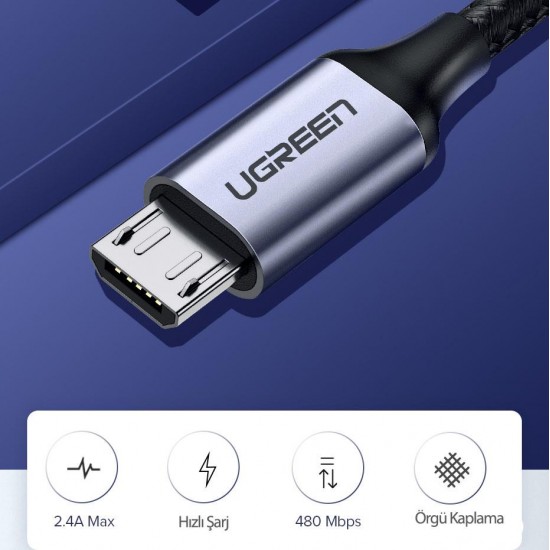 Ugreen Örgülü Micro USB Data ve Şarj Kablosu Siyah 50 CM