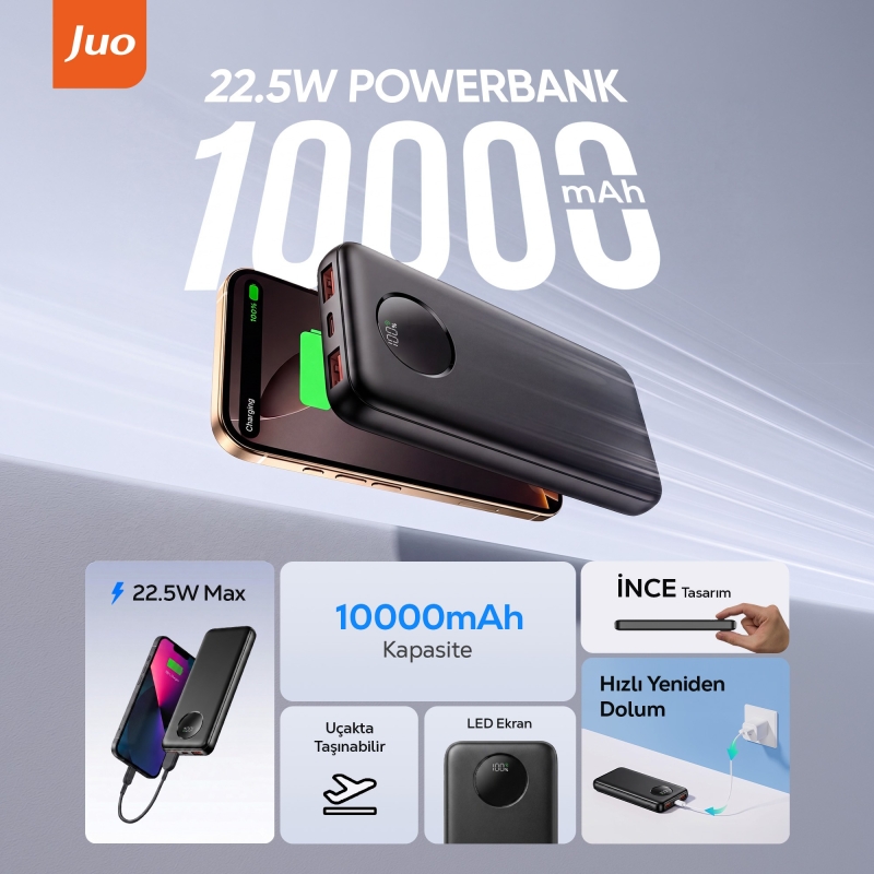 Juo 10000mAh 22.5W Dijital Led Ekranlı Taşınabilir Hızlı Şarj Cihazı Powerbank Siyah - 2