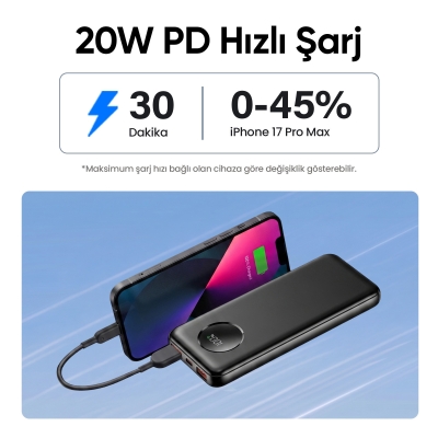 Juo 10000mAh 22.5W Dijital Led Ekranlı Taşınabilir Hızlı Şarj Cihazı Powerbank Siyah - 4