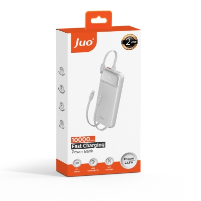 Juo 10000mAh 22.5W Led Ekranlı Lightning ve Type-C Kablolu Powerbank Taşınabilir Hızlı Şarj Cihazı Beyaz - 7