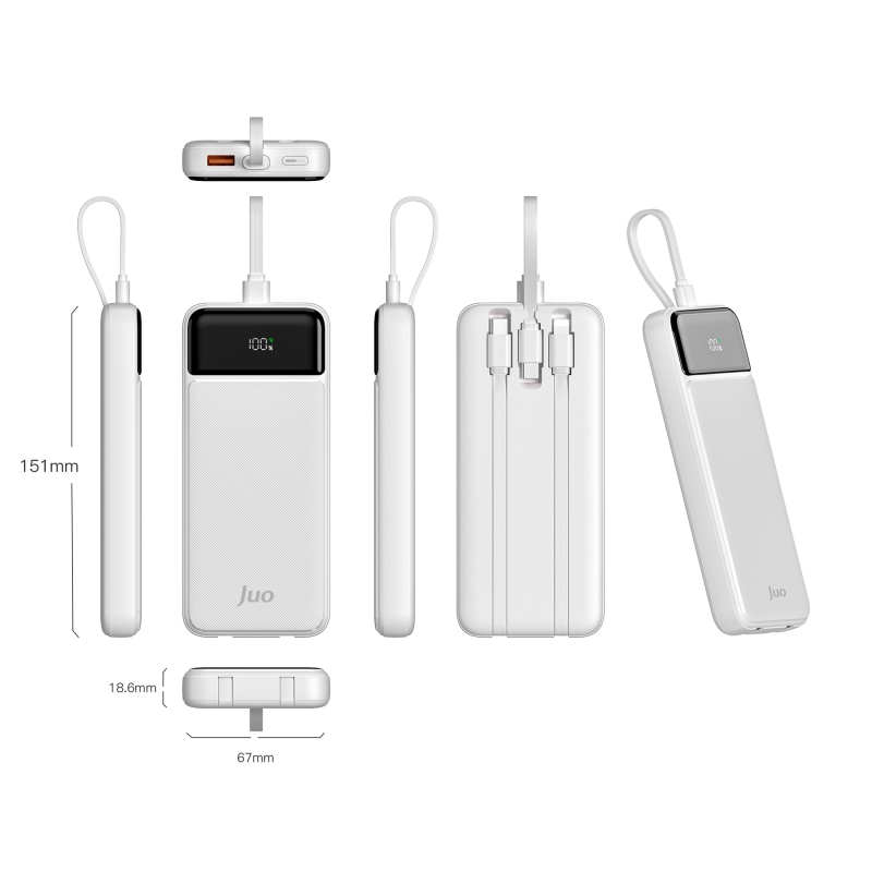 Juo 10000mAh 22.5W Led Ekranlı Lightning ve Type-C Kablolu Powerbank Taşınabilir Hızlı Şarj Cihazı Beyaz - 4