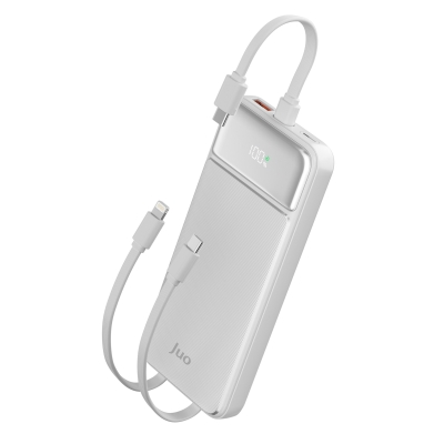 Juo 10000mAh 22.5W Led Ekranlı Lightning ve Type-C Kablolu Powerbank Taşınabilir Hızlı Şarj Cihazı Beyaz - Juo
