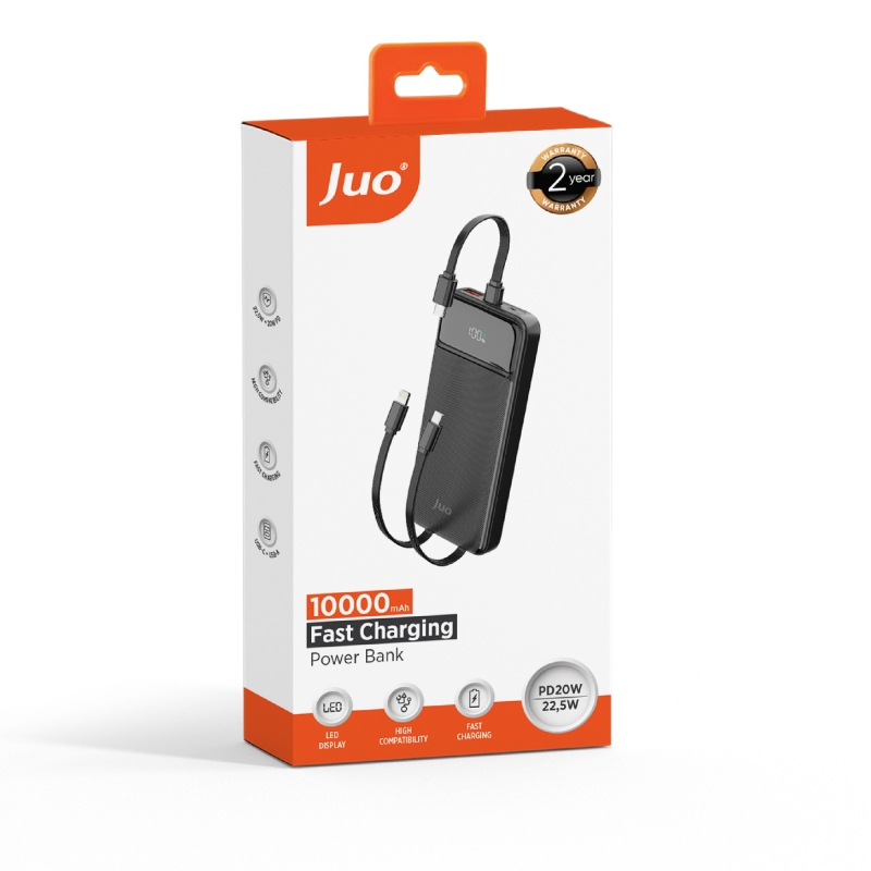 Juo 10000mAh 22.5W Led Ekranlı Lightning ve Type-C Kablolu Powerbank Taşınabilir Hızlı Şarj Cihazı Siyah - 7