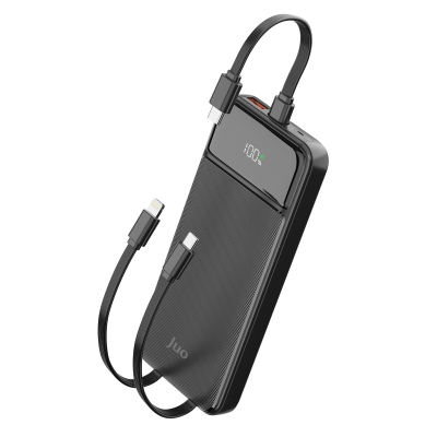 Juo 10000mAh 22.5W Led Ekranlı Lightning ve Type-C Kablolu Powerbank Taşınabilir Hızlı Şarj Cihazı Siyah - Juo
