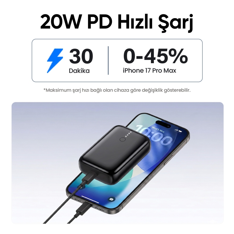 Juo 10000mAh 22.5W USB-A + USB-C Powerbank Taşınabilir Hızlı Şarj Cihazı Beyaz - 3
