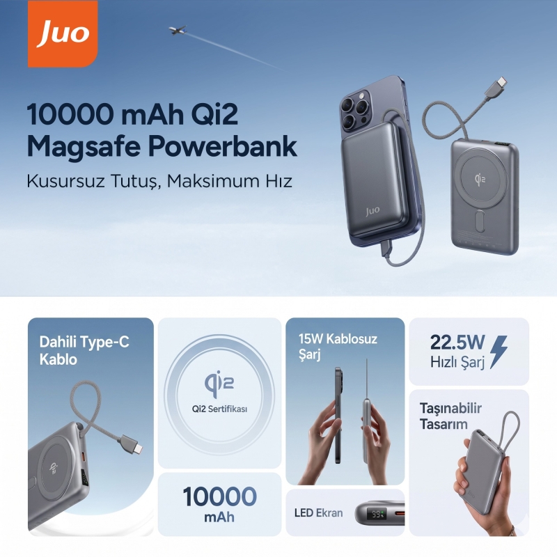 Juo 10000mAh Magsafe 15W Qi2 Sertifikalı Powerbank 22.5 Type-C Kablolu Standlı Taşınabilir Kablosuz Hızlı Şarj Cihazı - 2